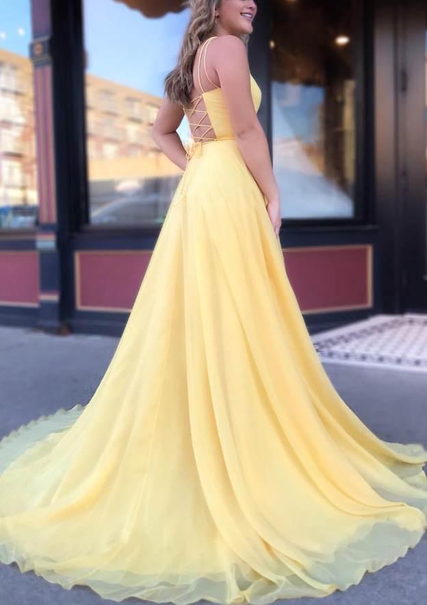 TingPo Wholesale A-line Bateau Spaghetti Straps Sweep Train Chiffon Prom Dress